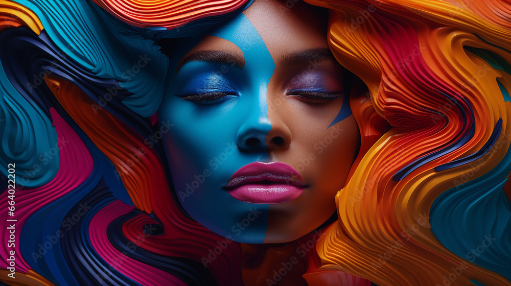 a beautiful dark-skinned woman whose face expresses peace and bliss and is beautifully painted with colors, and around her face there are beautiful wavy strokes of paint a beautiful dark-skinned woman whose face expresses peace and bliss and is beautifully painted with colors, and around her face there are beautiful wavy strokes of paint