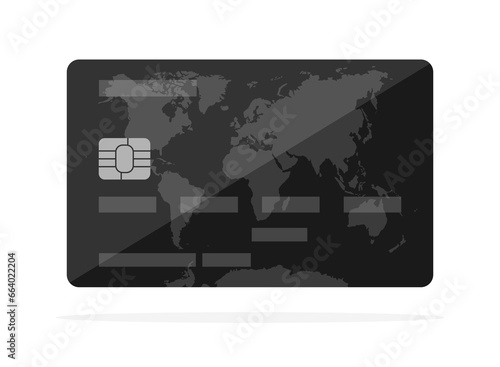 Black credit card with world map image isolated on white background. Flat vector illustration