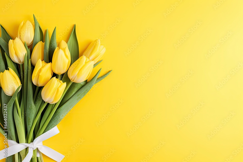 Top view design of holiday greeting tulip flower bouquet on bright yellow Background. Top view design of holiday greeting tulip flower bouquet on bright yellow Background.