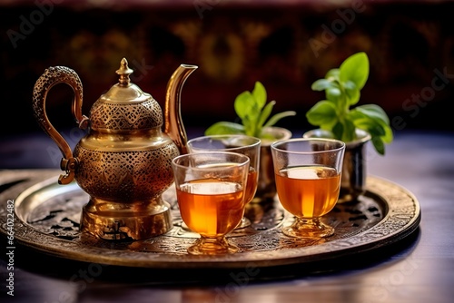 Traditional Moroccan tea set with decorative teapots, glasses, and mint leaves. © ABGoni