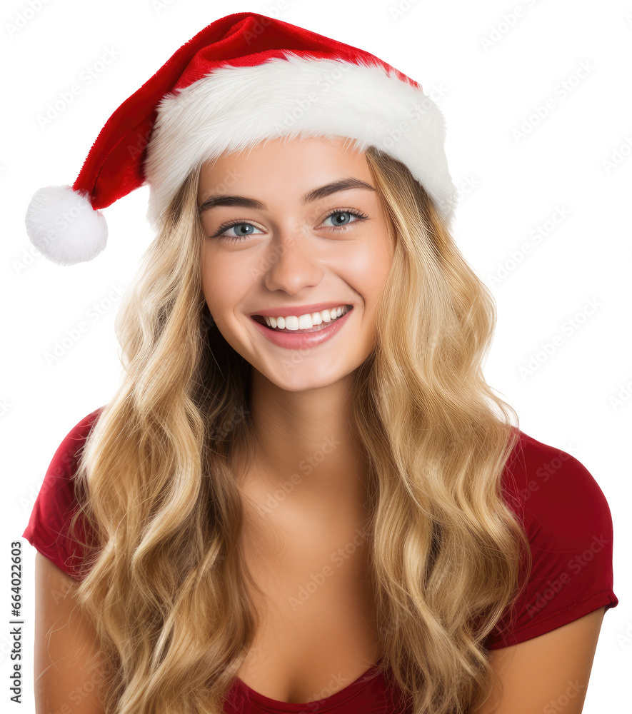 portrait of a beautiful smiling woman with blond hair wearing a santa hat for christmas isolated on a white background as transparent PNG portrait of a beautiful smiling woman with blond hair wearing a santa hat for christmas isolated on a white background as transparent PNG