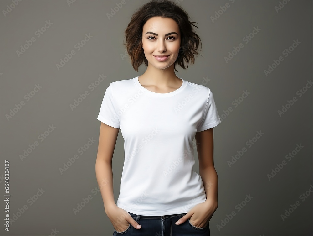 Elegant Young Woman Posing in Classic White Tee: Versatile Blank Canvas Ideal for Fashion Design Mockups Elegant Young Woman Posing in Classic White Tee: Versatile Blank Canvas Ideal for Fashion Design Mockups