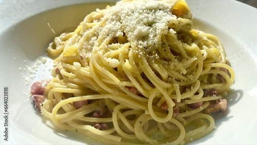 Spaghetti Carbonara Cheese Parmesan White Bowl Close Up Slow Mo