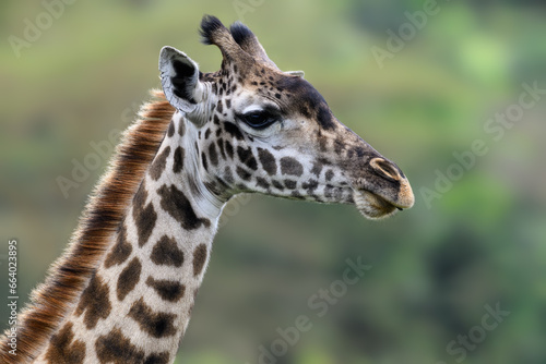 Masai Giraffe closeup portrait on green background