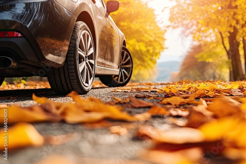 Car on asphalt road on an autumn day at the park. © ABGoni