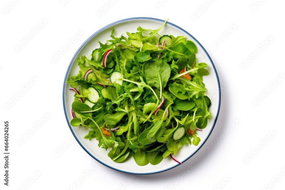 Healthy fresh green salad plate shot from above on white background. Healthy fresh green salad plate shot from above on white background.