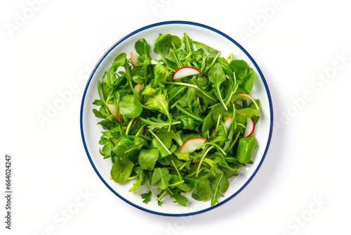 Healthy fresh green salad plate shot from above on white background.