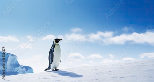 Penguin standing in Antarctica looking into the blue sky.