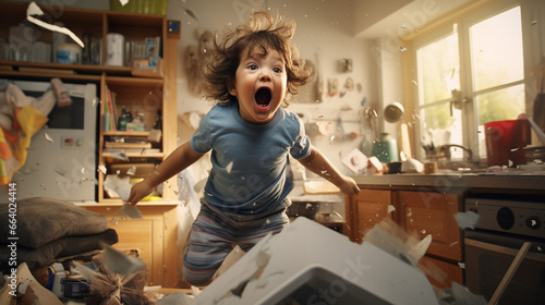 the child in the room jumped up with a cheerful cry, the room is chaotic and messy, various objects are flying photo