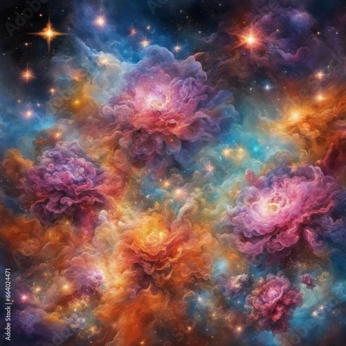stunning cosmic bouquet of flowers, radiant nebula, star clusters and gas clouds shining brightly, celestial, otherwordly, abstract, space art © khaladok