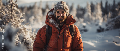 canadian male hiker in snowy mountains on exploration