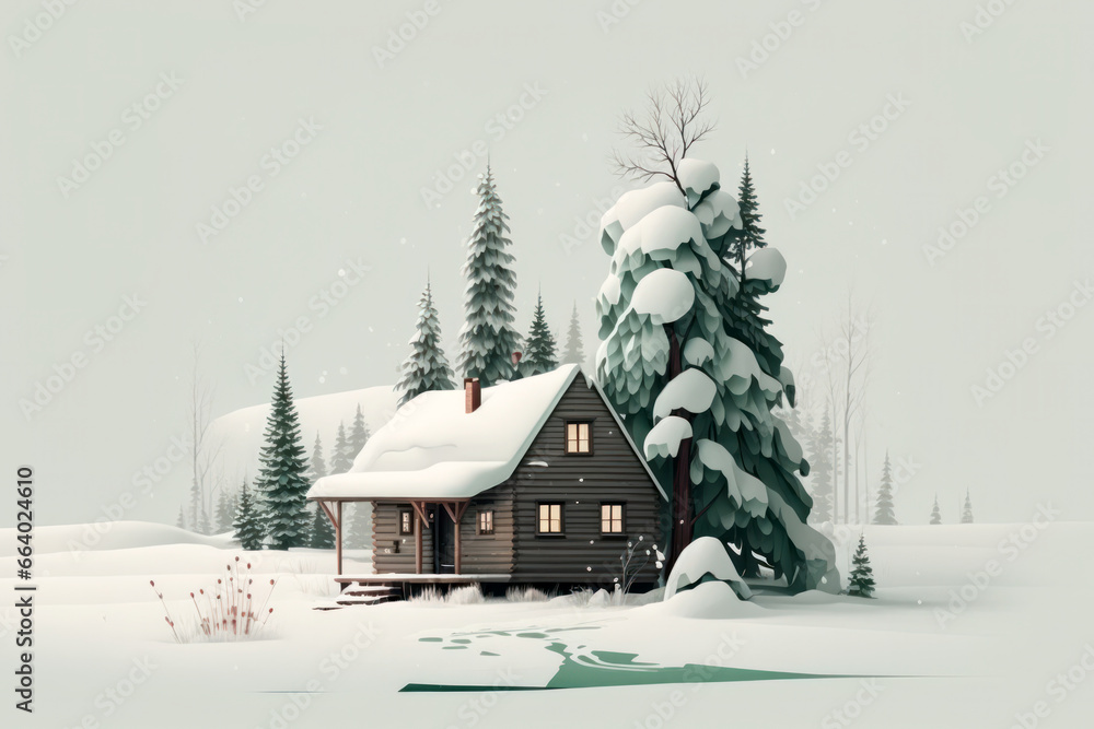 Fototapeta premium Secluded Winter Cabin: A Tranquil Retreat Amidst Snow-Covered Alpine Pines