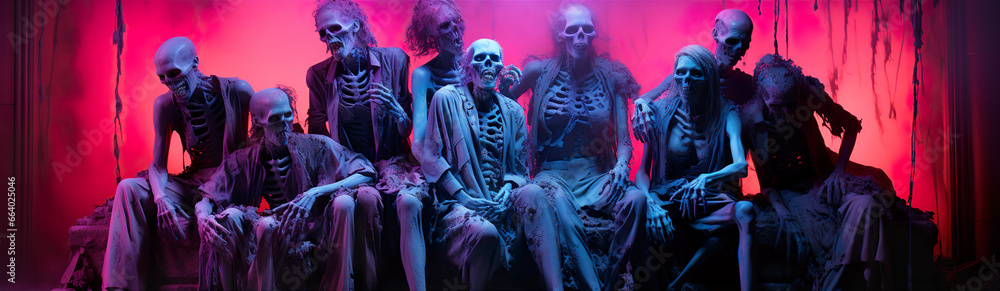 Obraz premium A Group Of Scary Zombies In Neon Lighting. Illustration On The Theme Of Fantasy And Cinema, Horror And Thrillers. Generative AI