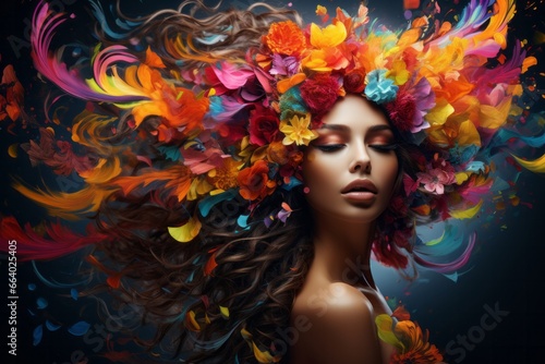 illustration of a boho style woman with vibrant hair with a floral and feather crown created with generative ai technology