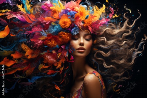 illustration of a boho style woman with vibrant hair with a floral and feather crown created with generative ai technology