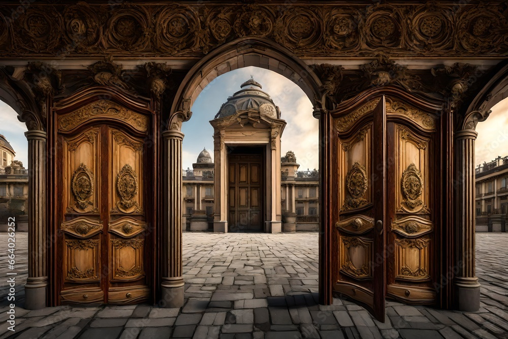 extreme view, of a door of a palace, with woodart merged on the door