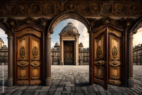extreme view, of a door of a palace, with woodart merged on the door