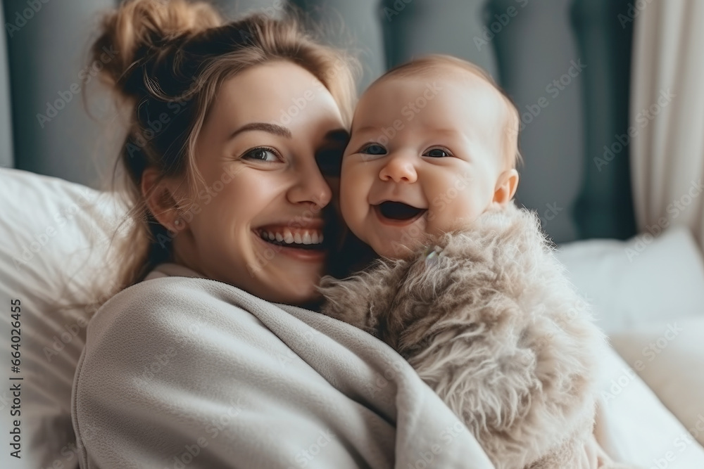 Happy mom holding her cute smiling baby in the cozy bedroom	