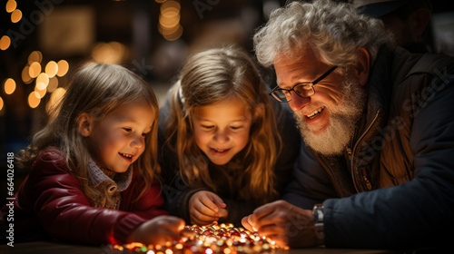 Holiday Traditions: A festive scene with the three generations decorating the Christmas tree.