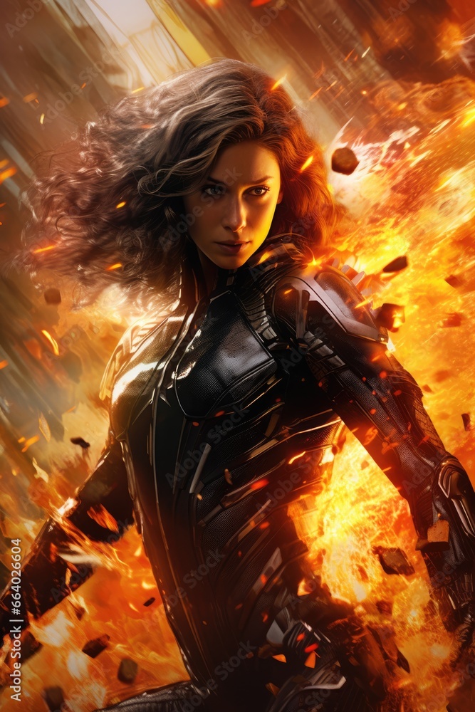 Intense pretty fantasy super powers woman. flaming background. fantasy action pose. explosion. flames. Superhero, antihero, superpowers, hero, villain, rogue, fantasy action pose fiction costume. Intense pretty fantasy super powers woman. flaming background. fantasy action pose. explosion. flames. Superhero, antihero, superpowers, hero, villain, rogue, fantasy action pose fiction costume.