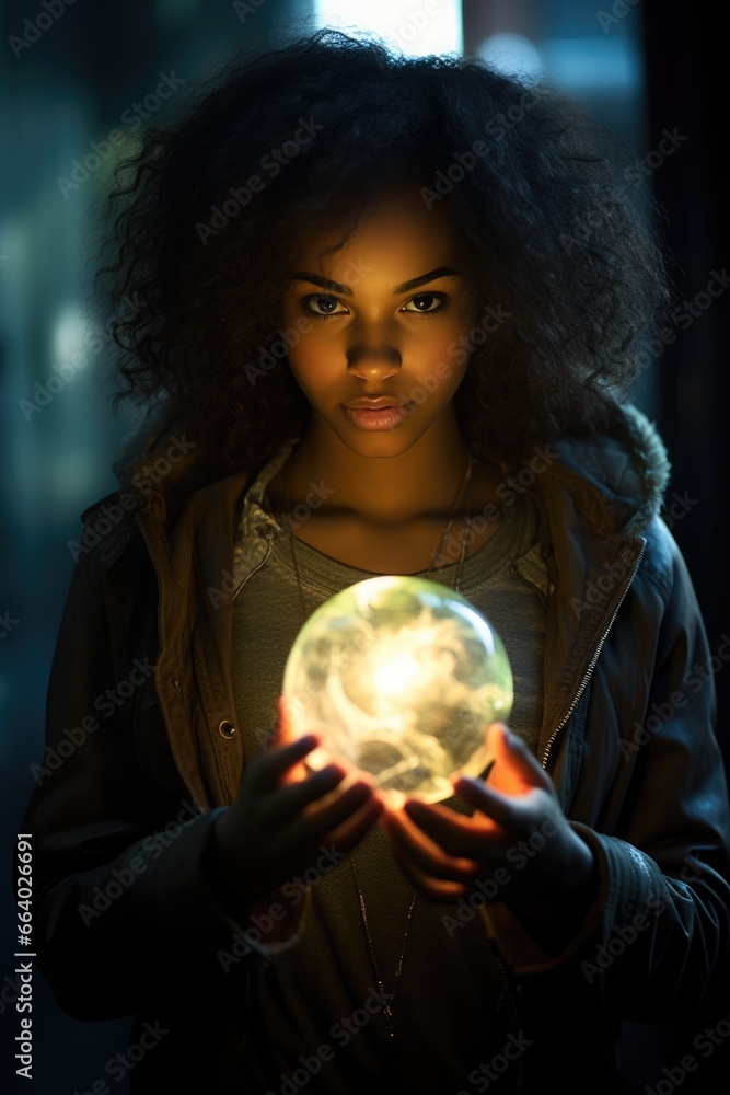Naklejka premium teen black girl African american holding a glowing crystal energy sphere. Superhero, antihero, superpowers, hero, villain, rogue, fantasy action pose fiction costume. glowing magic light. 