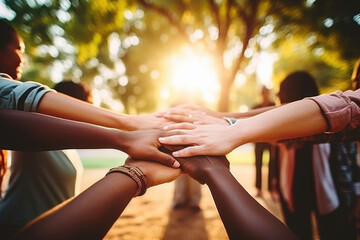 Group of mix race people joining hands together in a circle supporting each other, symbolizing unity and collective action in the fight against social injustice