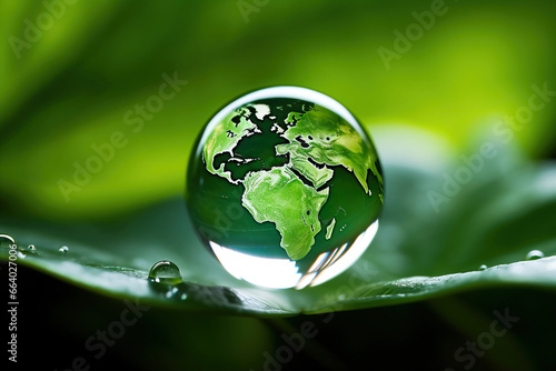 Water Droplet with Planet Earth inside on Green Leaf, Sustainability Concept photo