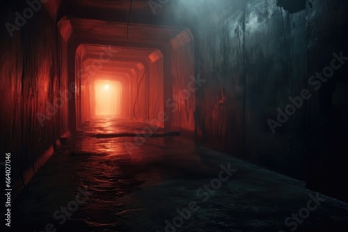 Wallpaper Mural Hallway. red glowing Halloween misty fog. Spooky haunted abandoned. Misty, foggy, ghostly. Post apocalyptic. War torn. Forgotten place. Dim lighting. Abandoned morgue interior.  Torontodigital.ca