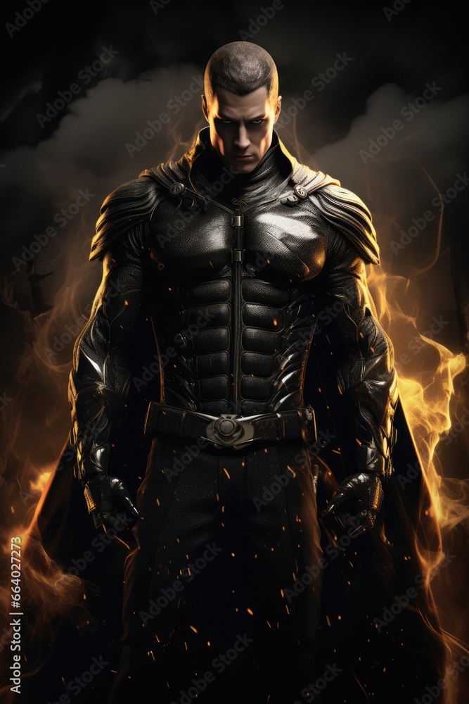 Flaming yellow energy background. tough rogue villain walking. intense gaze. black cloak cape. Superhero, antihero, superpowers, hero, villain, rogue, fantasy action pose fiction costume. dark clouds. Flaming yellow energy background. tough rogue villain walking. intense gaze. black cloak cape. Superhero, antihero, superpowers, hero, villain, rogue, fantasy action pose fiction costume. dark clouds.