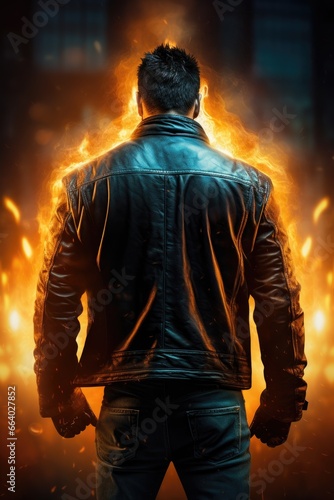 Back view of a tough man with his fists closed. flaming magical background. fire and embers. silhouette. Superhero, antihero, superpowers, hero, villain, rogue, fantasy action pose fiction costume. 