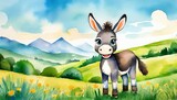 Cute Baby Donkey Illustration in Children's Book Style, Watercolor Effect