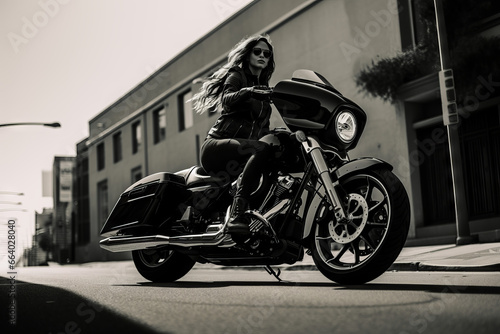 Seductive brunette girl with long hair in a black leather jacket sits near a modern motorcycle on a background of nature. Closeup portrait of a sexy woman near an expensive black bike. photo