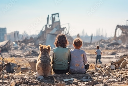 Back view of children and dog look at destroyed city rubble. Survivors of bombing or earthquake disaster