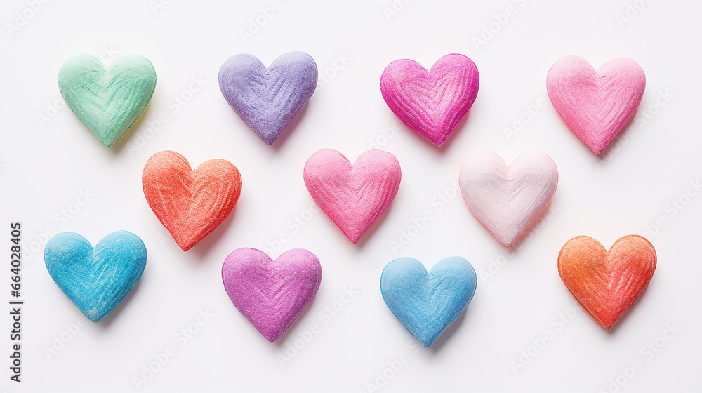 Color hearts set, illustration. Collection of colorful hearts on white background, for design. Concept valentine's day, Love symbol. Three-dimensional drawing.