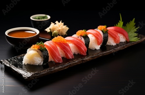 Close up of japanese sushi platter with a variety of fresh and delicious rolls, perfect for a fine dining experience