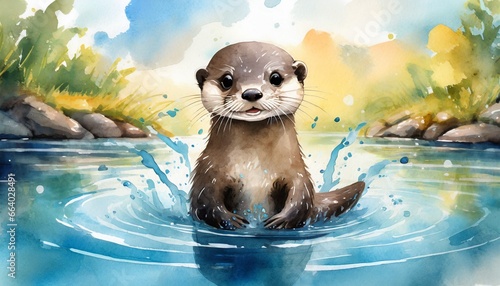 Cute Baby Otter Illustration in Children's Book Style, Watercolor Effect