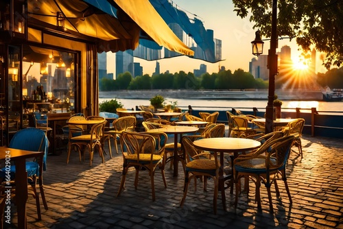  ouside cafe, with blue and yellow background, on the river bank, sunset, a beautiful evening view