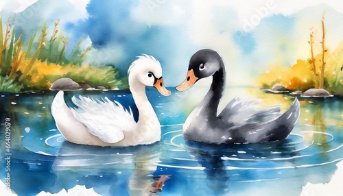 Cute Baby Swans Illustration in Children s Book Style  Watercolor Effect