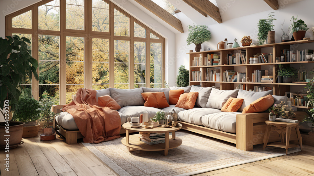 Stylish scandinavian living room with design furniture, plants, bookstand and wooden desk. Modern decor of bright room. Created with Generative AI