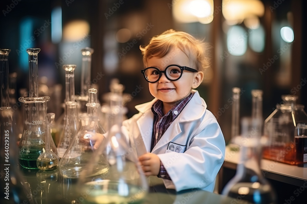 A little boy in special clothes in a laboratory conducts experiments with liquids in glass flasks. The profession of a chemical scientist A little boy in special clothes in a laboratory conducts experiments with liquids in glass flasks. The profession of a chemical scientist