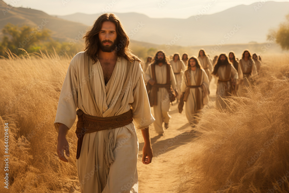 Jesus Christ and His disciples walk through a wheat field
