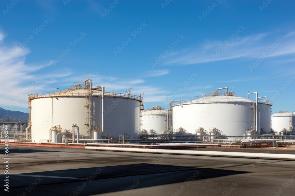 Tank farm with rows of oil storage tanks. Tank farm with rows of oil storage tanks.