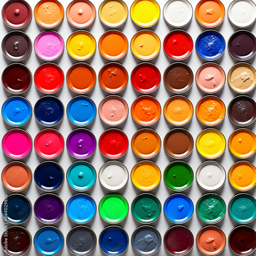 Fondo con detalle y textura de multitud de botes de pintura de diferentes colores, sobre fondo de color blanco Fondo con detalle y textura de multitud de botes de pintura de diferentes colores, sobre fondo de color blanco