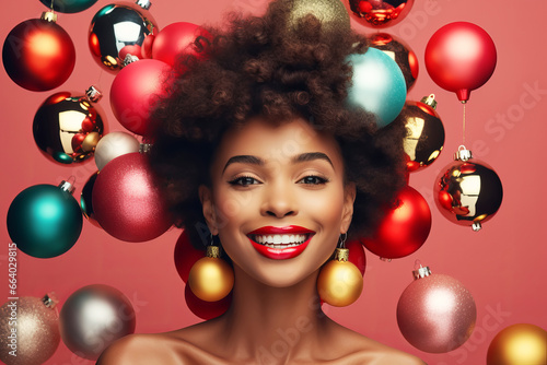 Beautiful woman fashion model with creative Christmas balls hairstyle promoting christmas winter seasonal low prices