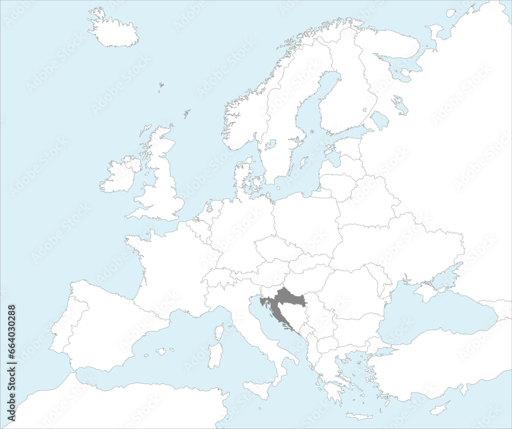 Gray CMYK national map of CROATIA inside detailed white blank political map of European continent on blue background using Mollweide projection