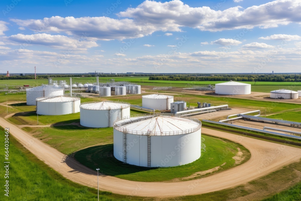 Tank farm with rows of oil storage tanks. Tank farm with rows of oil storage tanks.