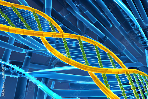 Colorful 3D illustration of an Abstract Mutated DNA double helix strand on scientific biological theme background