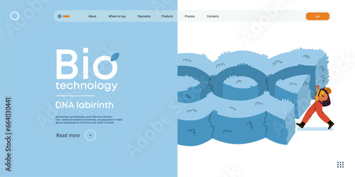 Bio Technology, DNA Labyrinth -modern flat vector concept illustration of person in front of a labyrinth in the form of a double helix DNA. Metaphor of intricacies and challenges of genetic research