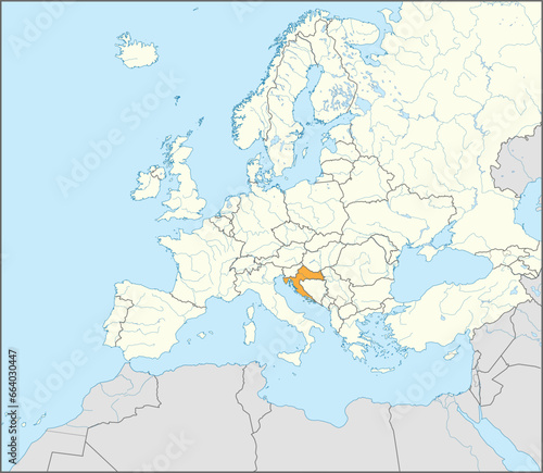 Orange CMYK national map of CROATIA inside detailed beige blank political map of European continent with rivers and lakes on blue background using Mercator projection