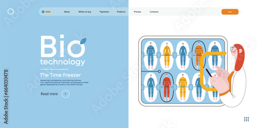 Bio Technology, Cryocapsule Time Freezer -modern flat vector concept illustration of futuristic cryocapsules resembling frozen time vaults. Metaphor of preserving life, time through cryonic technology
